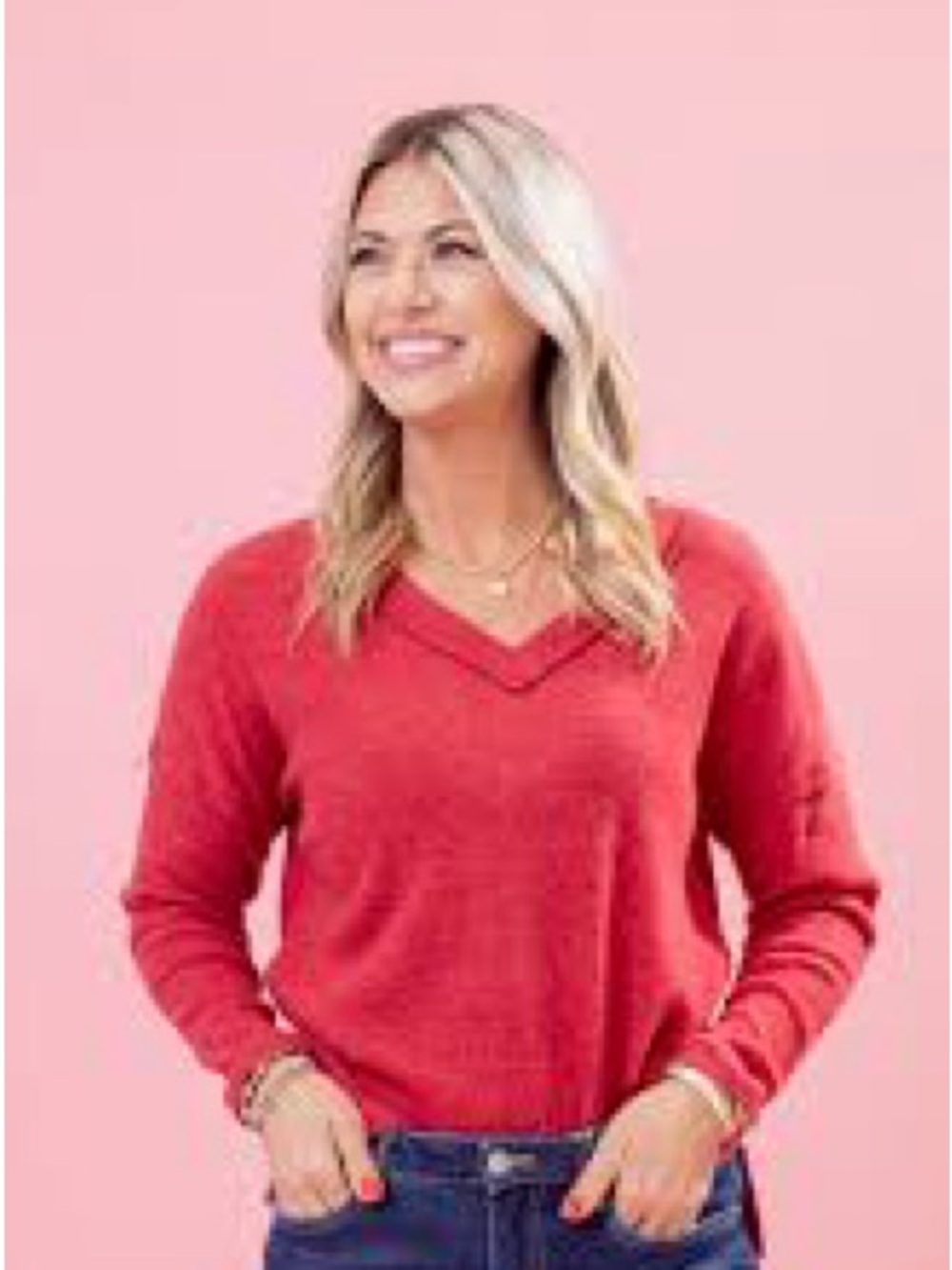 Zenana relaxed-fit, ribbed V-neck sweater in a vibrant berry red. Size S